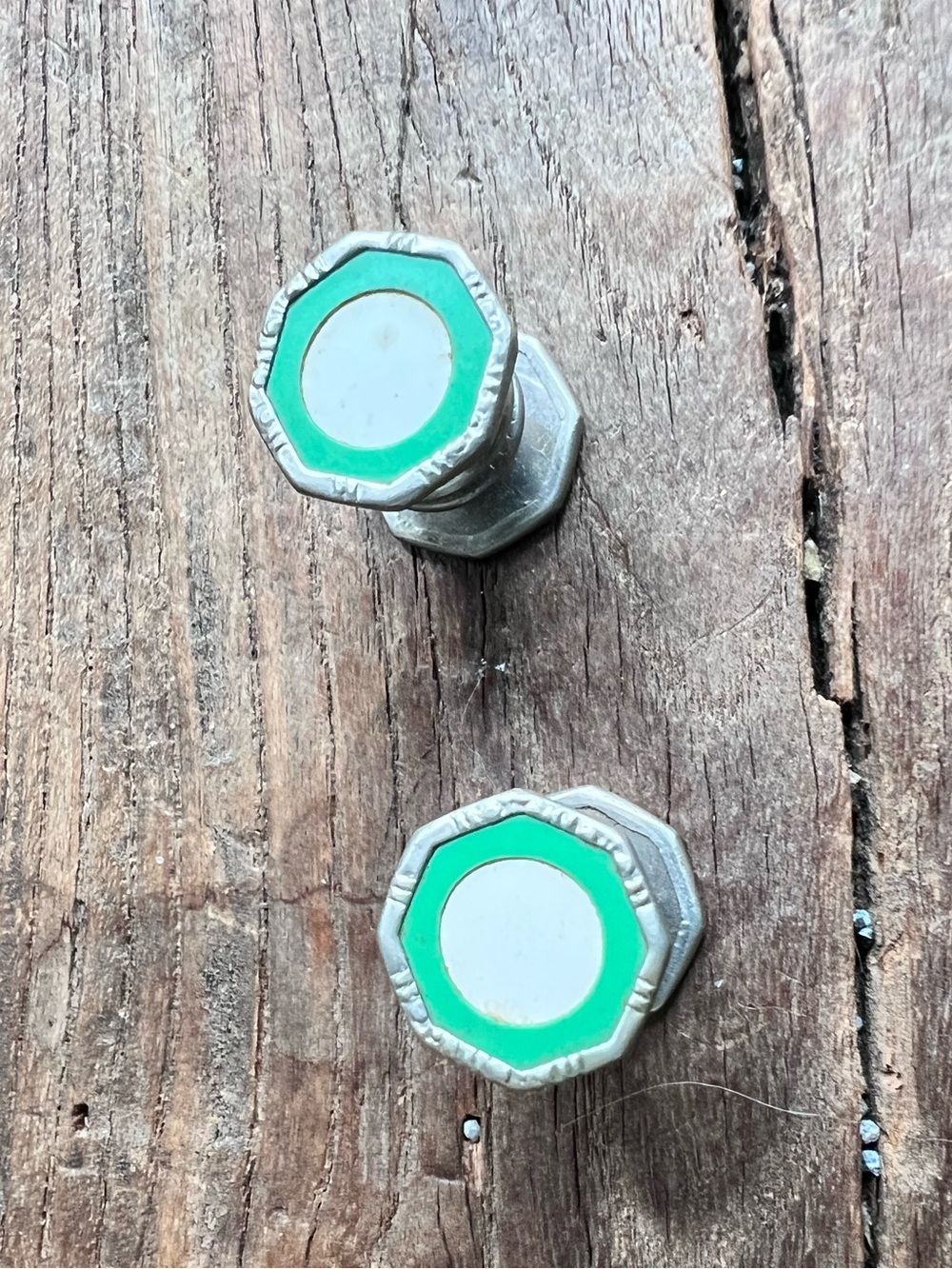 Antique Art Deco SNAP-LOCK Men's Octagonal Silver and Green Enameled Cuff Links,